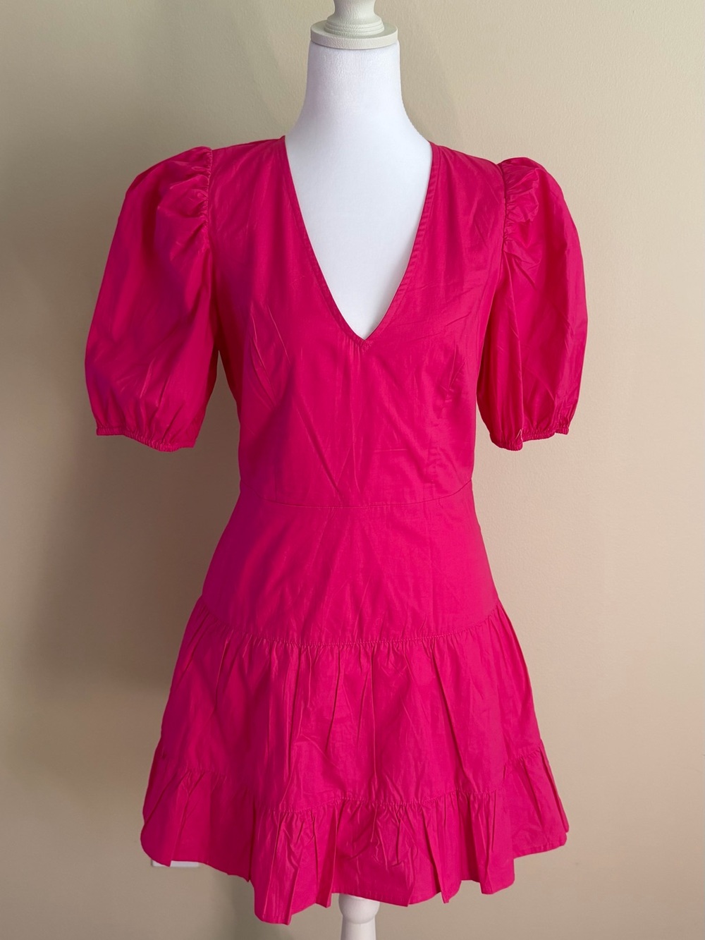 French Connection Hot Pink V-Neck Puff Sleeve Mini Dress